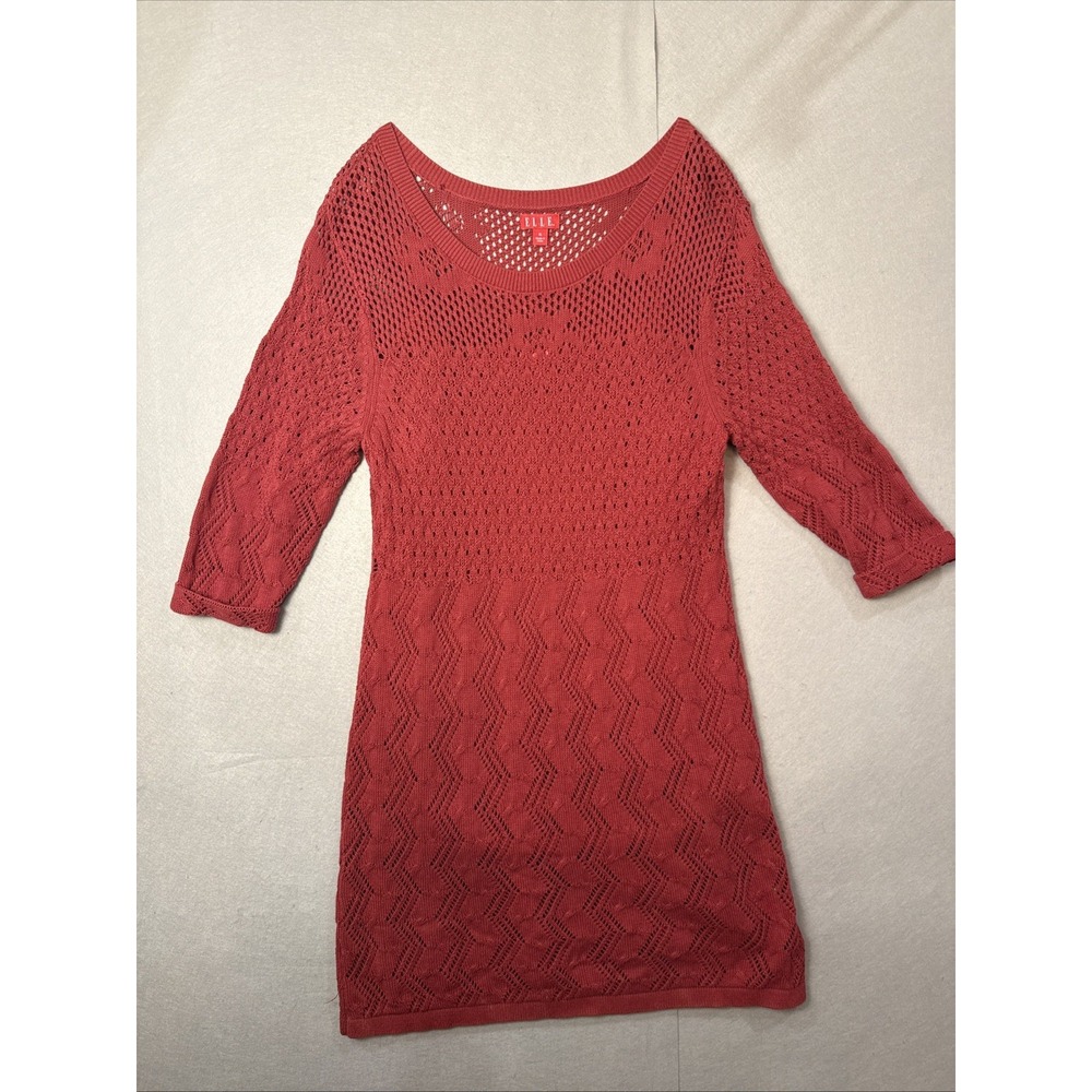 ELLE Women's 3/4 Sleeve Scoop Neck Knitted Cotton Sweater Dress Burgundy  XL
